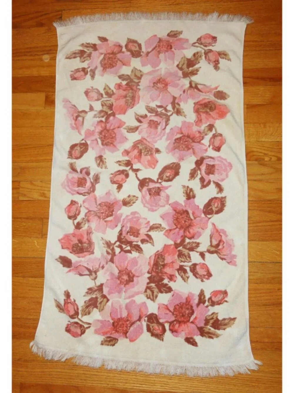 Vintage Fieldcrest Cream & Pink Floral Bath Towel w/ Fringe